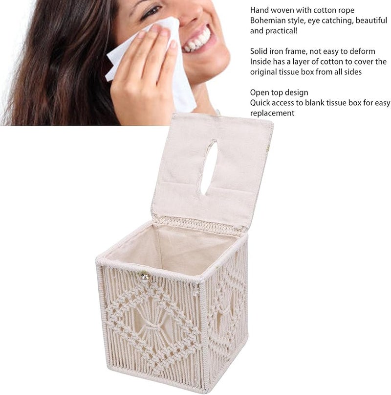 حامل علبة المناديل البوهيمي المصنوع يدويًا من حبل القطن، موزع مناديل السطح الزخرفي - Image 4